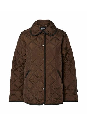 Veste matelassée marron avec finitions noires, fermeture à pressions, poches latérales et bretelles de poignet réglables, exposée sur un fond blanc.