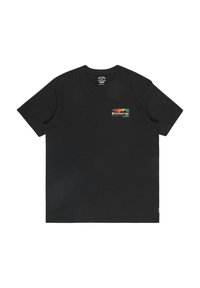 Black cotton t-shirt, crew neck, short sleeves. Features a colorful, rectangular Billabong logo on the left chest. Smooth texture.