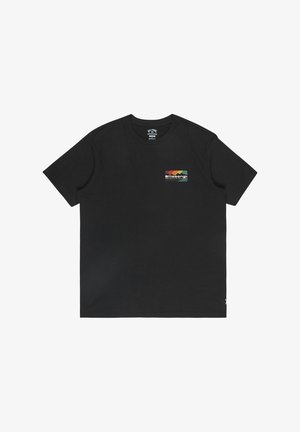 Black cotton t-shirt, crew neck, short sleeves. Features a colorful, rectangular Billabong logo on the left chest. Smooth texture.