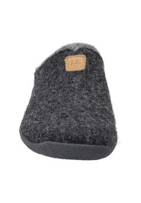 Grijze felt pantoffel met een ronde vorm, een tan leren patch met het label "J.S.", en een zachte voering. Rubberen zool voor duurzaamheid en grip.