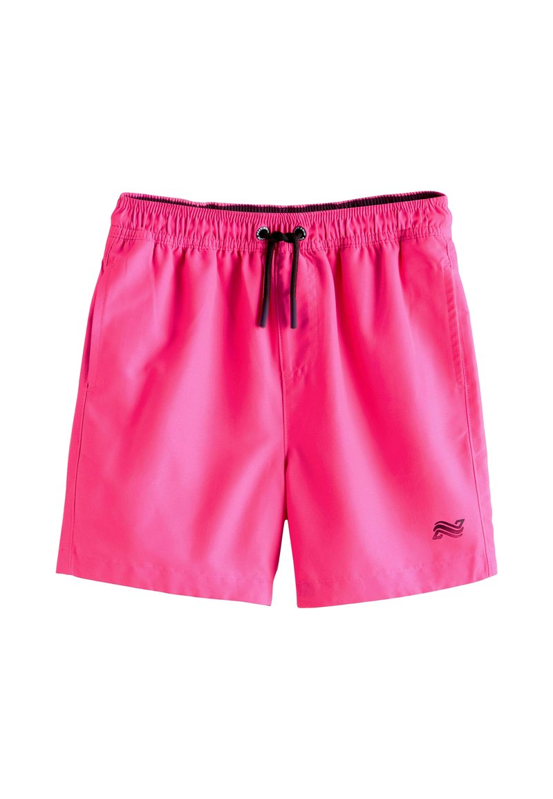 Rosa Badeshorts mit einem elastischen Bund, schwarzem Kordelzug und Seitentaschen. Verfügt über ein kleines schwarzes Logo am unteren rechten Bein.