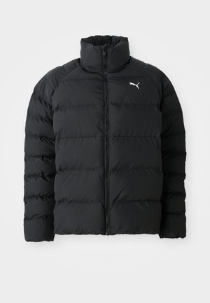 Must must jacket kõrge krae, tõmblukk esifassaadil ja horisontaalne tikand. Vasakul rinnal on väike valge logo.
