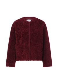 Veste en velours bordeaux avec un col rond et des poches avant, présentant un design simple à fermeture ouverte. Convient pour un style décontracté.