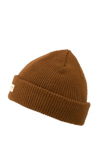 Brązowa dziana czapka beanie o prążkowanej fakturze i złożonym mankiecie. Posiada małą metkę z boku. Zwężający się szczyt zapewnia dopasowanie.