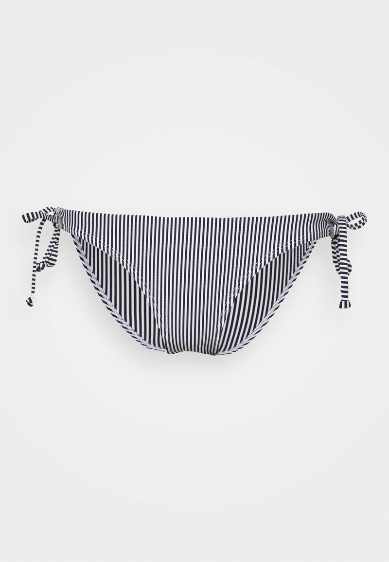 Fundo de biquíni listrado em azul-marinho e branco, com fecho de laço de cada lado, feito de um tecido elástico, apresentando um corte baixo e textura suave.