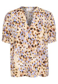 Blouse à manches courtes en tissu léger, avec un col en V et un fond beige orné de taches abstraites bleues et marron.