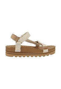 Beige woven sandals with a cork footbed, ridged brown outsole, and adjustable heel strap; features a T-shaped design and decorative hardware.
