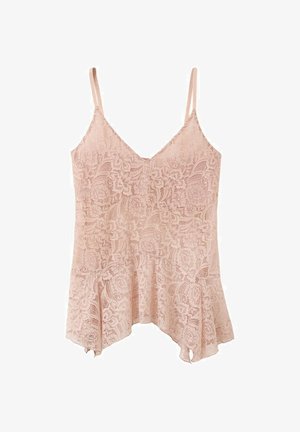 Lyserød blonde camisole med blomsterprint, tynde justerbare stropper og asymmetrisk flæsekant.