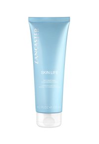 Tubo di plastica azzurro chiaro con un coperchio a vite bianco. Il testo sulla parte anteriore include "Lancaster," "Skin Life," e dettagli del prodotto in bianco.