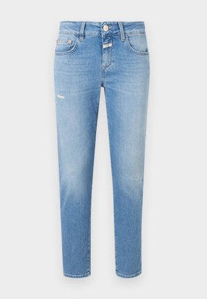 Light blue denim jeans with a slim fit, featuring a button closure, slight distressing, and traditional five-pocket design.