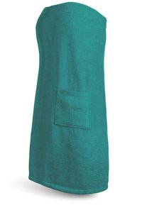 Türkisfarbener Frottee-Handtuch-Wrap mit einer quadratischen Tasche auf der Vorderseite. Weiche Textur mit glatter Oberfläche, entworfen für Komfort und Bedeckung.