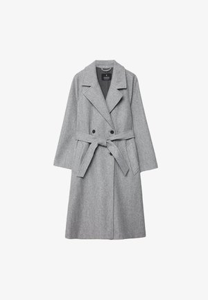 Grauer Wollmischungsmantel mit doppelter Knopfleiste, großen Revers, tailliertem Bund und seitlichen Taschen. Verfügt über eine weiche Textur und eine maßgeschneiderte Form.