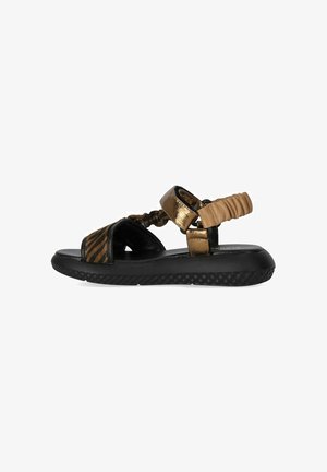 Sandalo aperto per bambino con suola nera, cinturino anteriore marrone e nero a righe, cinturini alla caviglia in bronzo metallizzato e cinturino posteriore elastico.