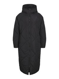 Manteau noir rembourré avec capuche, présentant une fermeture éclair sur toute la longueur et un motif quilté en losanges. Fabriqué en matériau doux et léger.