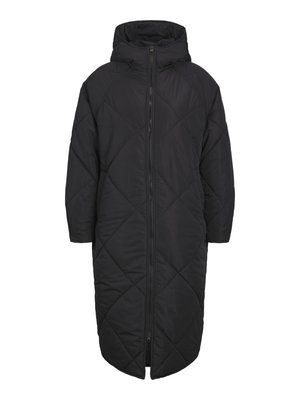 Manteau noir rembourré avec capuche, présentant une fermeture éclair sur toute la longueur et un motif quilté en losanges. Fabriqué en matériau doux et léger.