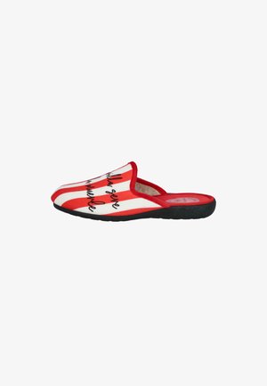 Zapatilla a rayas rojas y blancas con texto negro en cursiva en la parte superior y suela negra, vista de lado sobre un fondo blanco.