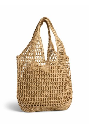 Beige woven net shopping bag with two handles, showing a solid beige pouch inside, against a white background.
