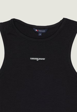 Zwart geribd mouwloos topje met ronde hals en een klein "Tommy Jeans" logo-patch in het midden van de borst.