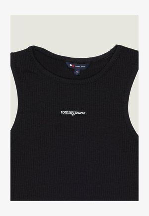 Zwart geribd mouwloos topje met ronde hals en een klein "Tommy Jeans" logo-patch in het midden van de borst.