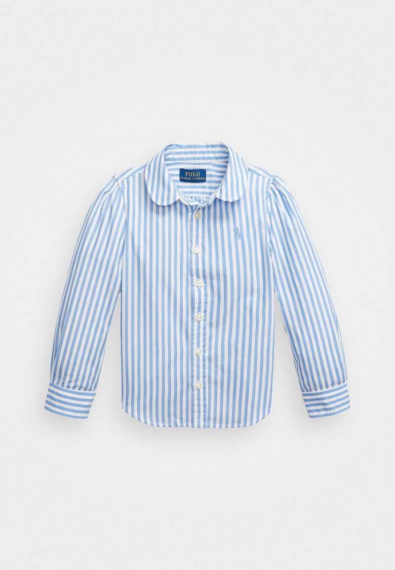Stripet skjorte i lys blå og hvit, med krage, lange ermer og en liten logo på brystet. Glatt stoffstruktur.