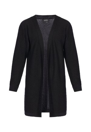 Czarny sweter damski z długim rękawem, otwarty z przodu, wykonany z fakturowanej dzianiny, z prostym dołem.