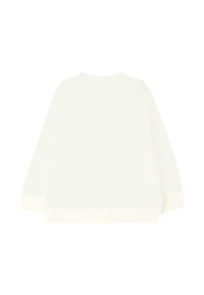 Maglione bianco a maglia con maniche lunghe, scollatura e polsini a coste, caratterizzato da una texture liscia e un design semplice. Vista posteriore presentata.