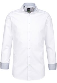 Camicia bianca a maniche lunghe con colletto interno e polsini blu a fantasia. Presenta una chiusura con bottoni e un tessuto testurizzato.