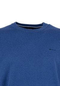 Blauw gebreid sweater met een ronde halslijn. Heeft ribbeltextuur bij de kraag en een klein logo op de borst. Glad stofafwerking.