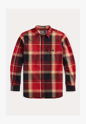 Cămașă din flanel cu imprimeu tartan în roșu, negru și crem, cu guler cu nasturi, două buzunare la piept și manșete cu nasturi; textură moale și design clasic.