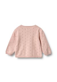 Rosa gestrickter Pullover mit gepunkteter Textur, rundem Ausschnitt und langen Ärmeln. Weicher Stoff mit gerippten Bündchen und Saum.