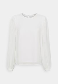 Blusa blanca de manga larga, con escote redondo y mangas abullonadas con puños fruncidos. Tejido suave y liso con un ligero brillo.