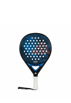 Blau-schwarzer Adidas USA Padel-Schläger mit weißen Perforationen, rotem und weißem Sternenmuster auf dem Logo und weißem Griff mit schwarzem Handgelenkriemen.
