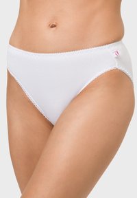 Weiße Baumwollunterhose mit einem Spitzenbesatz entlang des Bundes. Verfügt über ein kleines pinkes Etikett an der Seite. Weicher Stoff, klassisches Brief-Design.