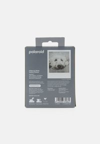 Pacote de filme Polaroid para 8 fotografias instantâneas a preto e branco. A embalagem cinza apresenta uma ilustração de foto em branco e detalhes do produto legíveis.