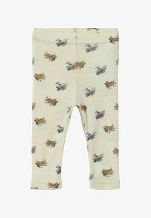 Koorist lasteteksased, millel on pruunid ja hallid vintage lennukite printid üle kogu pinna.