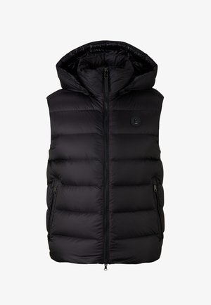 Veste sans manches matelassée noire avec capuche, fermeture éclair frontale, deux poches latérales zippées et un petit logo circulaire sur la poitrine.