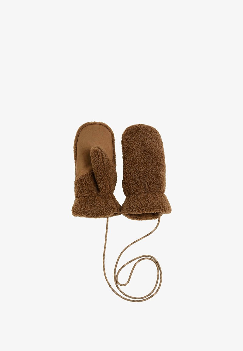 Brązowe rękawice polarowe o miękkiej, teksturowanej powierzchni z zamszową podszewką i przymocowanym sznurkiem do bezpiecznego noszenia.