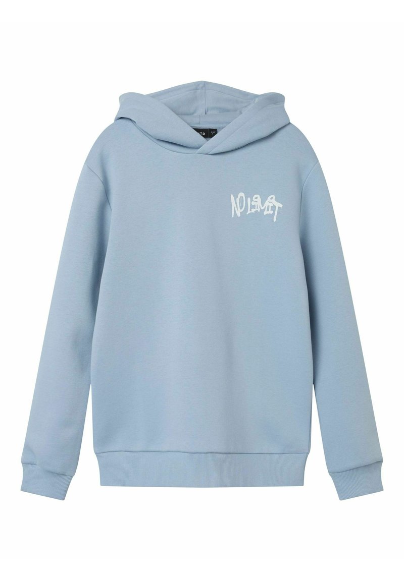Lichtblauwe hoodie met een voorzak, capuchon met trekkoord en geribde manchetten. Voorzien van witte "NO LIMIT" tekst op de borst. Glad oppervlak.