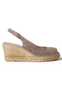 Beige suede wedge sandal with an open toe, slingback strap, and a natural jute-wrapped midsole. Features stitching along the edge.