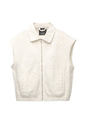 Gilet in denim bianco senza maniche con zip frontale, caratterizzato da motivi circolari ricamati e due tasche laterali. Finitura in tessuto testurizzato.