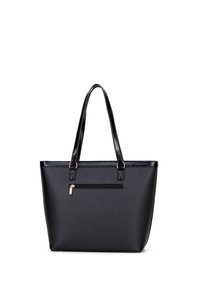 Borsa a tracolla nera realizzata in materiale sintetico liscio, con due manici, una tasca con zip frontale e una forma rettangolare strutturata.
