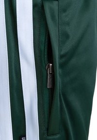 Gros plan sur une fermeture éclair noire partiellement ouverte sur un tissu vert foncé avec une bande verticale blanche adjacente.