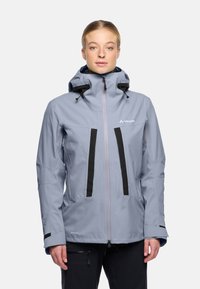 Light blue waterproof jacket with a hood, featuring black accents, two zippered pockets, and a front zipper closure.