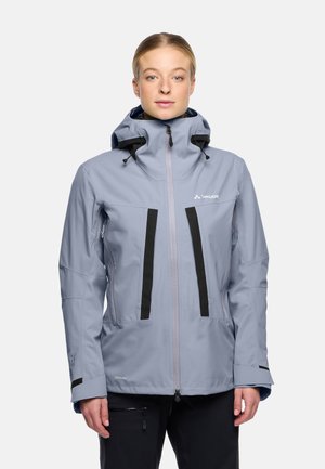 Light blue waterproof jacket with a hood, featuring black accents, two zippered pockets, and a front zipper closure.