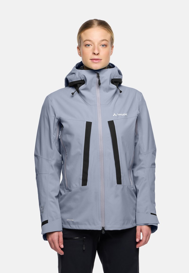 Light blue waterproof jacket with a hood, featuring black accents, two zippered pockets, and a front zipper closure.
