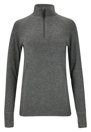 Grå pullover med flad krave, halv lynlås foran og lange ærmer. Har et struktureret stof og accentsting langs sømmene.