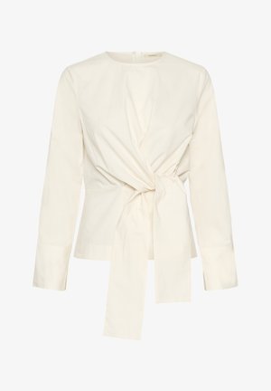 Witte blouse met lange mouwen, voorzien van een knoopdetail aan de voorkant met een gestrikte accent, gemaakt van gladde stof met een ronde halslijn en knoopsluiting.