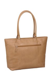 Tote bag in tan met een gestructureerd krokodillenpatroon. Beschikt over twee handvatten en een met rits afgesloten voorvak. Glad afwerking met subtiele glans.