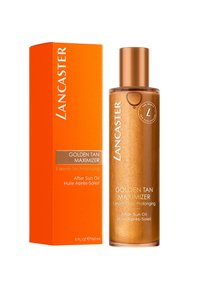 Transparante amberkleurige fles met een bronzen pompdeksel naast een oranje doos, gelabeld "Lancaster Golden Tan Maximizer," 150 ml.