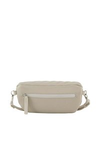 Borsa beige trapunta a forma arrotondata, realizzata in materiale morbido. Presenta una cerniera argentata, una tracolla regolabile e una finitura testurizzata.